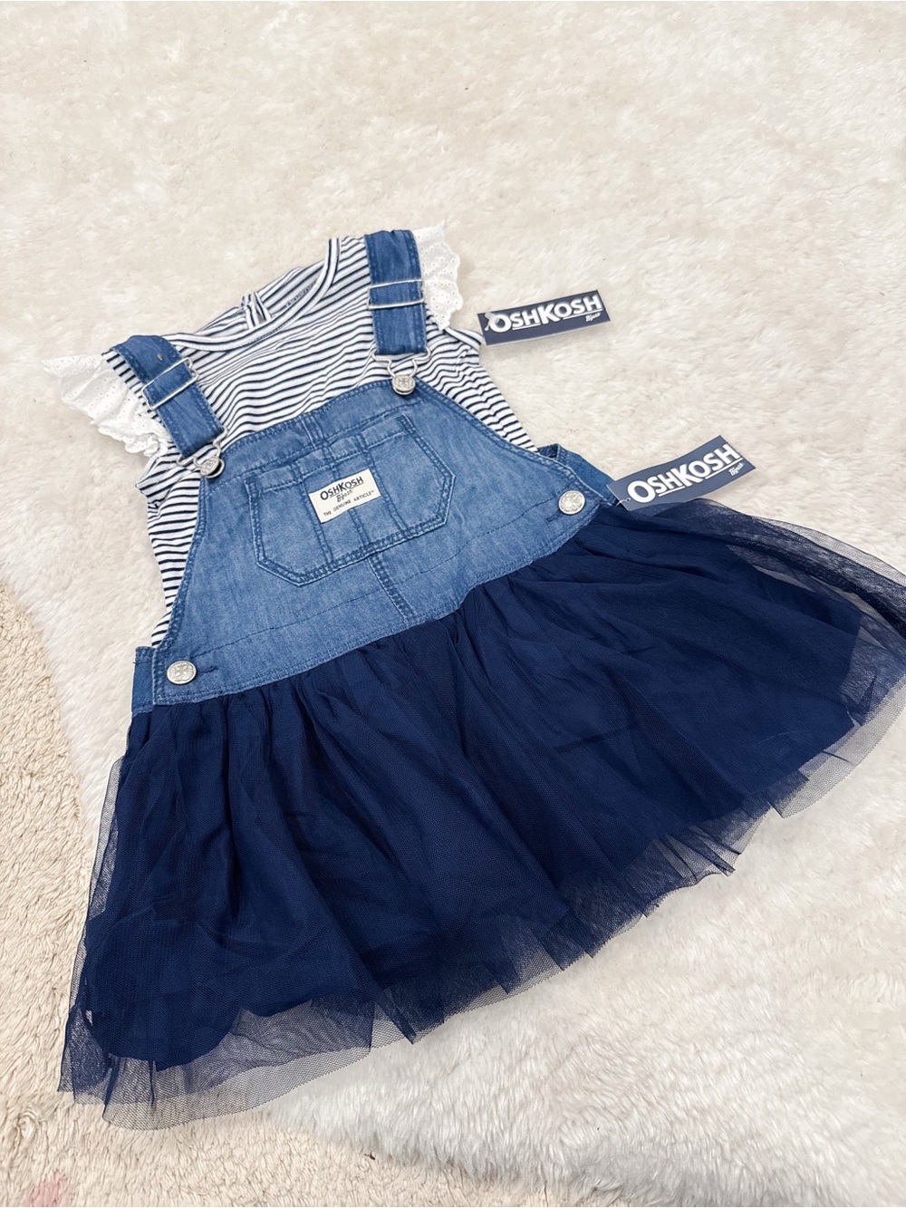 OshKosh Navy Denim Overall Dress with Striped Ruffle Bodysuit